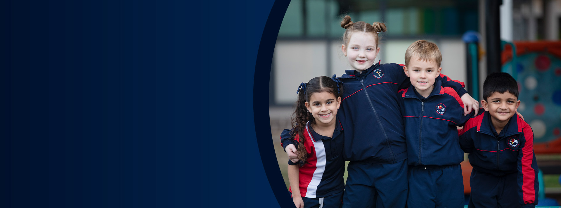 Students with their arms around each other in the school playground at St John XXIII College Stanhope Gardens