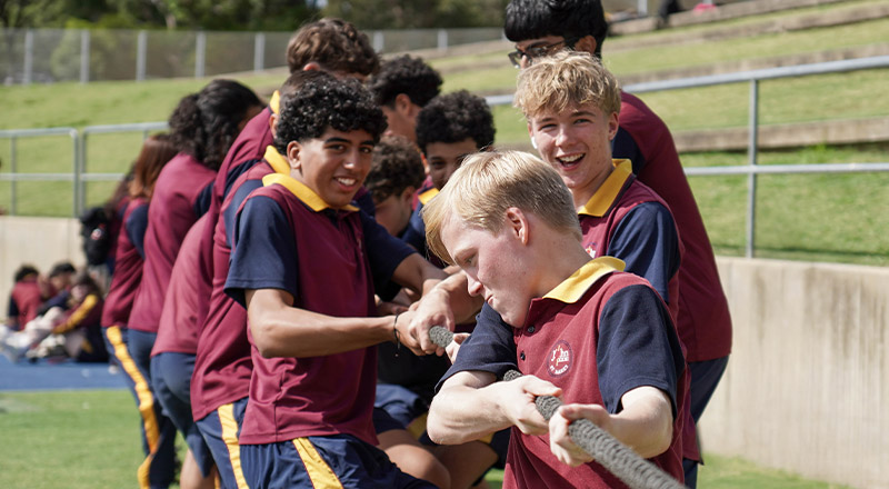 Students competing in tug-o-war at Students reading a book in the library at St John XXIII College Stanhope Gardens